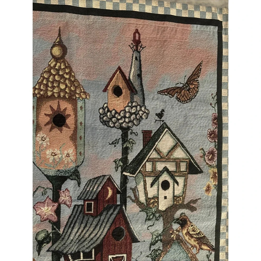 Vintage Birdhouse Bird Flowers Wall Hanging Tapestry Panel 34